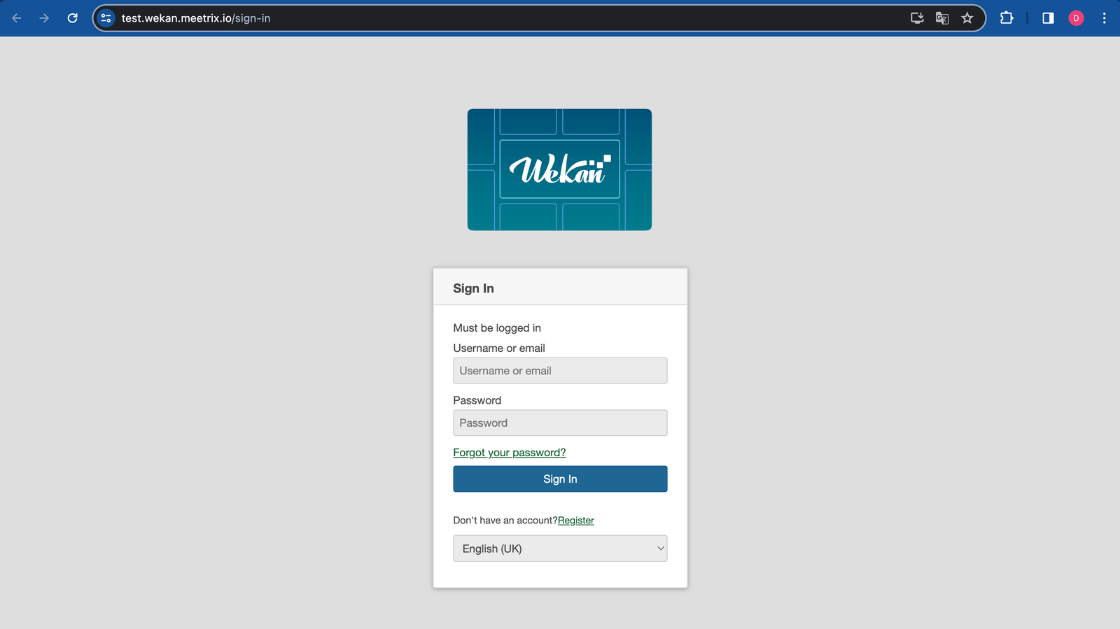 Wekan sign-in dashboard interface